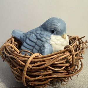 Vintage Ceramic Blue Bird nestled in a Rustic Grapevine Nest
